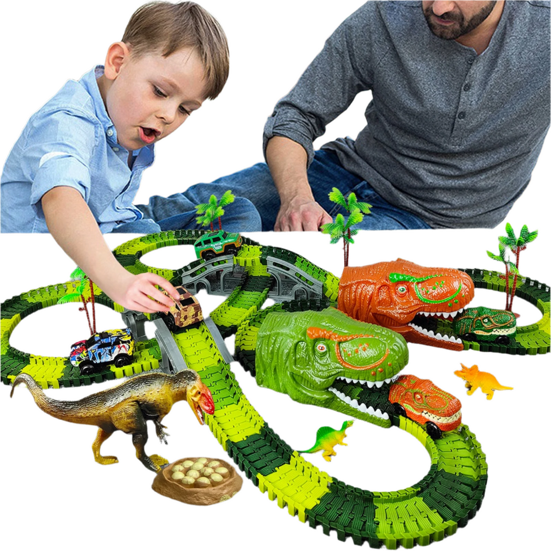 Dino Eisenbahnset für Kinder mit Lok, Waggons & Dinosauriern auf Abenteuer-Schiene.