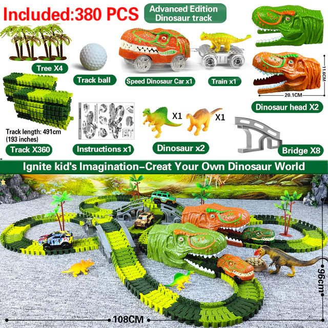 Detailaufnahme: Bunte Lokomotive des DinoTrain Eisenbahnsets fährt durch eine Dino-Landschaft.