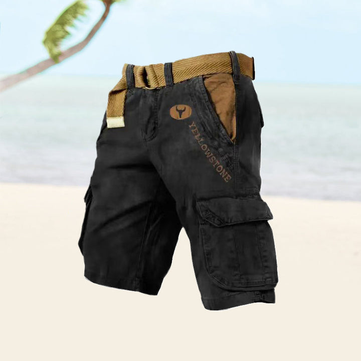Detail der Herren Cargo-Shorts: robuste Verarbeitung, Reißverschluss & Knöpfe. Ideal für Outdoor-Shorts.