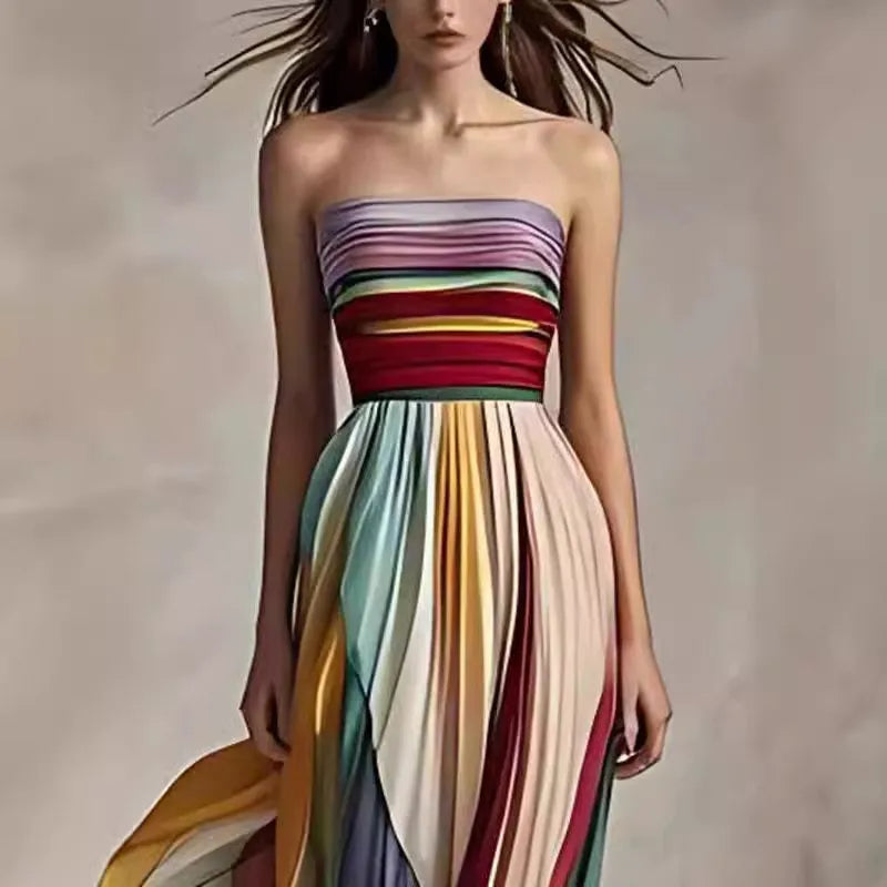 Luftiges Damen Strandkleid in A-Linie, gestreiftes Maxikleid mit schulterfreiem Design. Perfekt für Sommer & Freizeit.
