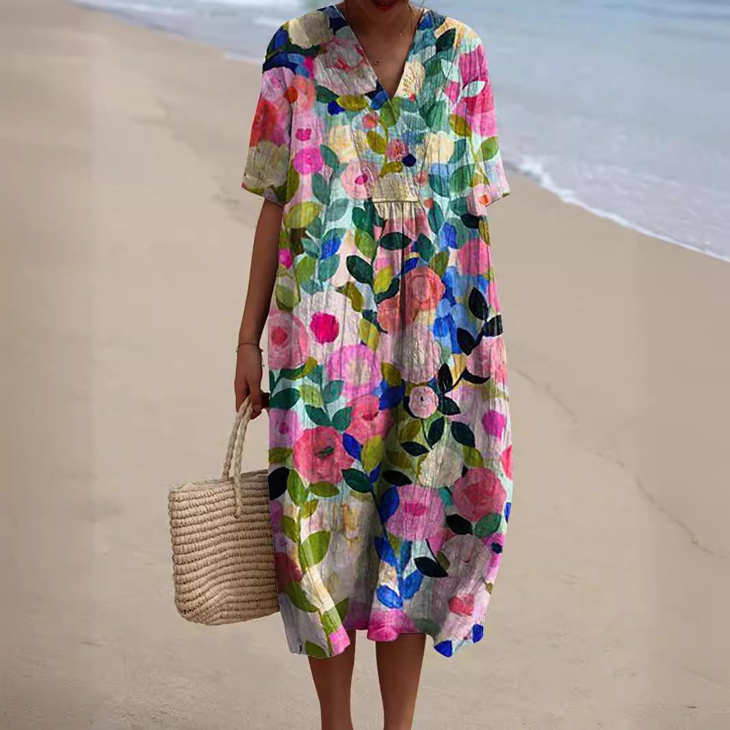 Damen Sommerkleid Talia mit buntem Blumenmuster, V-Ausschnitt & lockerem Schnitt für Komfort.