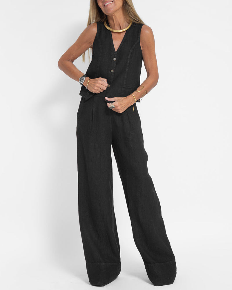 Modisches Alma Set: Leinen-Weste & weite Hose. Perfekt für elegante Sommer-Outfits.