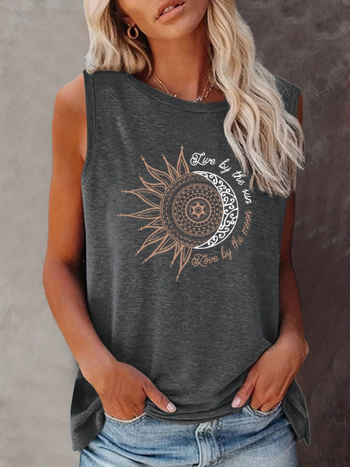 Boho Sommer Top für Damen, ärmellos, mit einzigartigem Sonne-Mond Mandala Design.