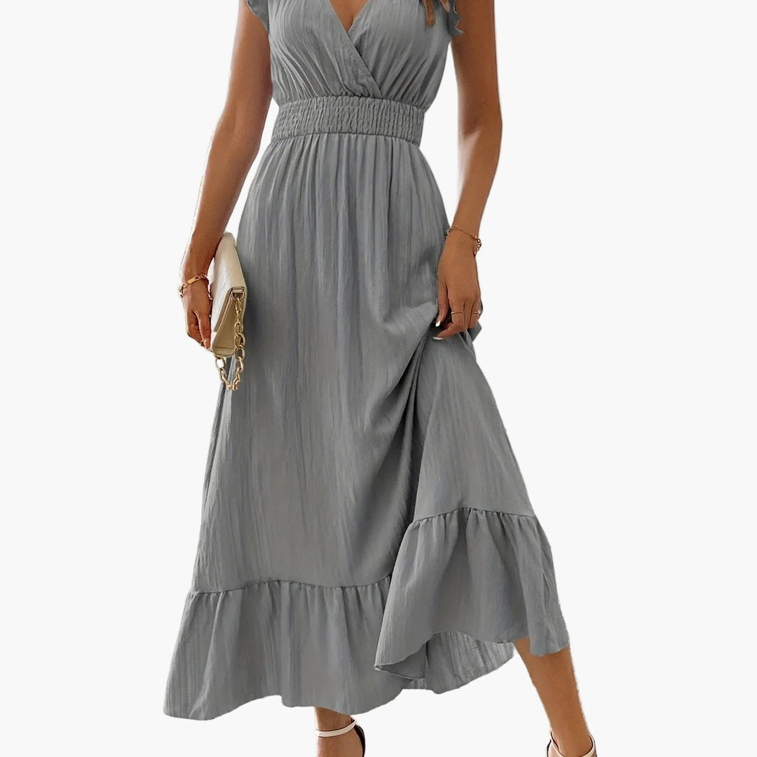 Elegantes Partykleid für Damen: Maxikleid mit fließendem Stoff, Volantärmeln und V-Ausschnitt.