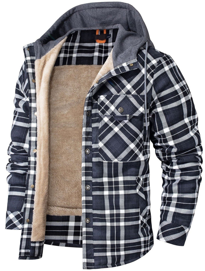 Komplette Ansicht der karierten Herren Kapuzenjacke, warm, robust und vielseitig.