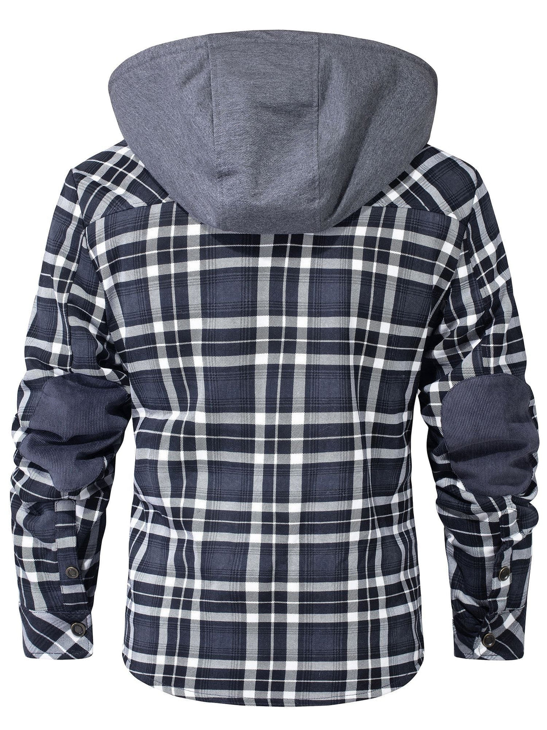 Nahaufnahme: Kariertes Muster der warmen Herren Kapuzenjacke aus Flanell, robuste Optik.