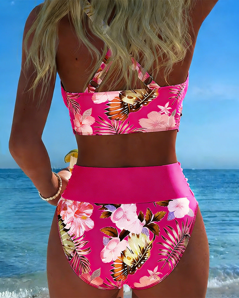 Gelber Jolina Damen Bikini, floral, mit V-Ausschnitt & Kontrast Split Design, Bademode.