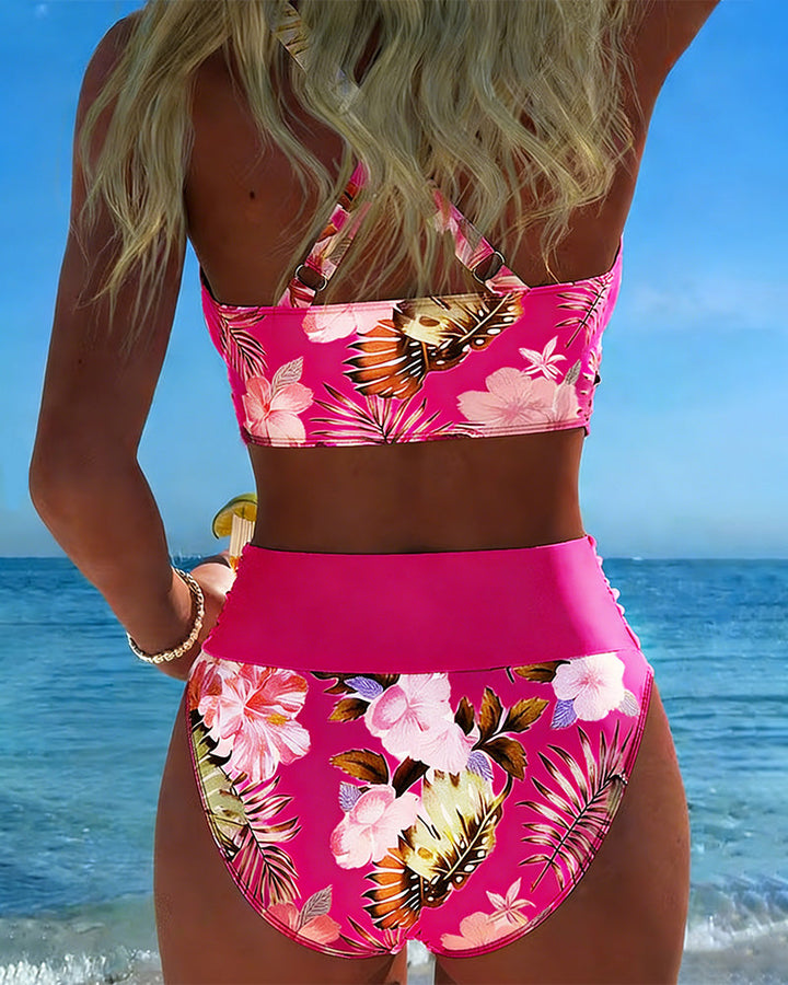 Gelber Jolina Damen Bikini, floral, mit V-Ausschnitt & Kontrast Split Design, Bademode.