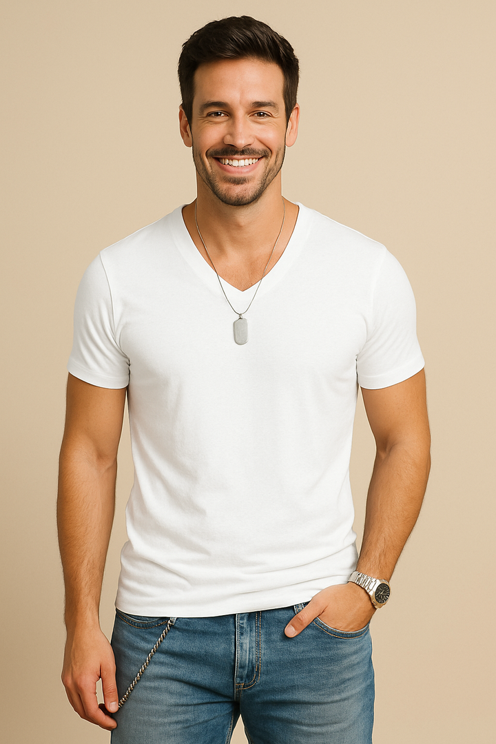 Unifarbenes Basic Herren T-Shirt mit V-Ausschnitt für Alltag & Freizeit. Bequemes Kurzarm-Shirt, pflegeleicht.