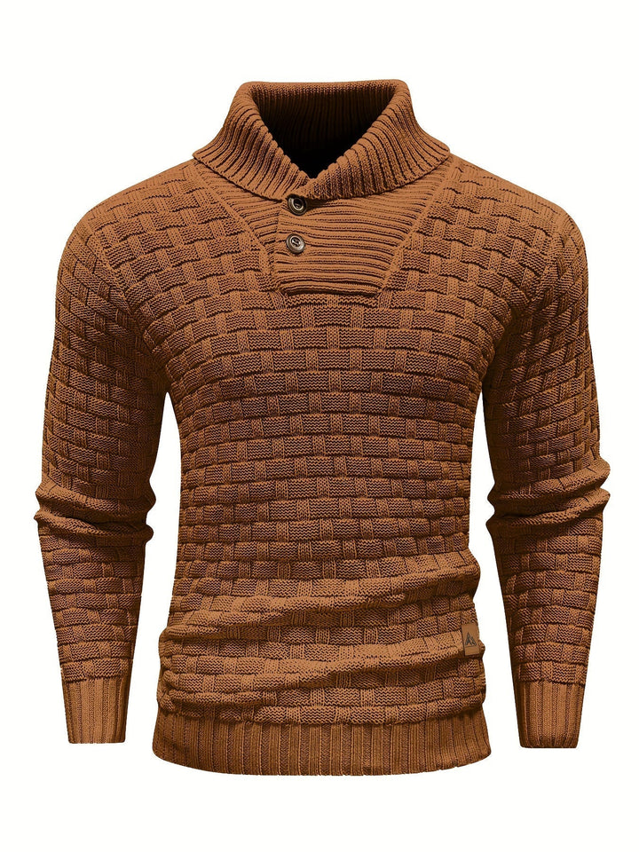 Zeitloser Herren Pullover mit Waffelstruktur und elegantem Schalkragen, bequeme Passform.