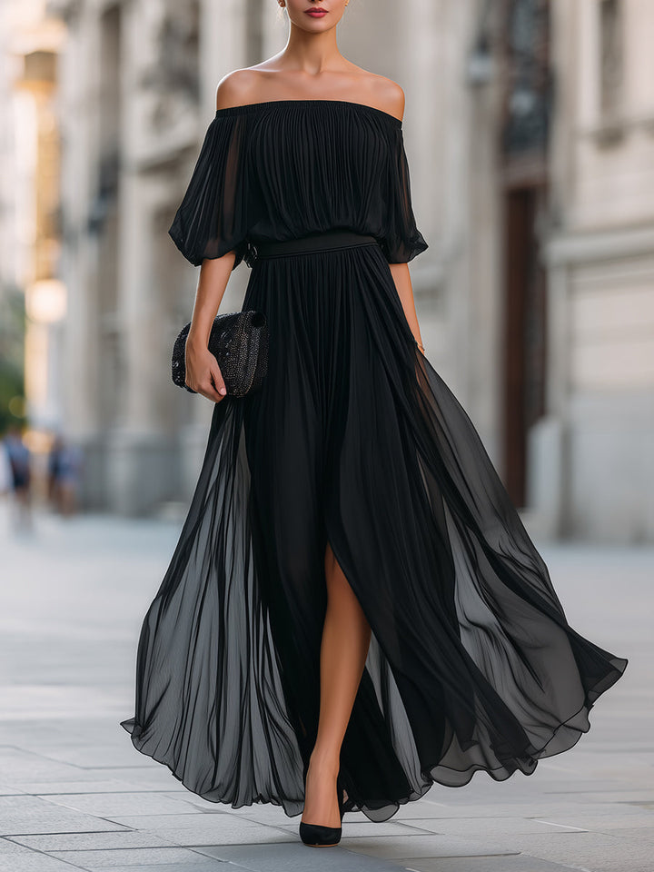 Schwarzes Off-Shoulder Plissiertes Maxikleid für Damen. Elegantes Abendkleid für besondere Anlässe.