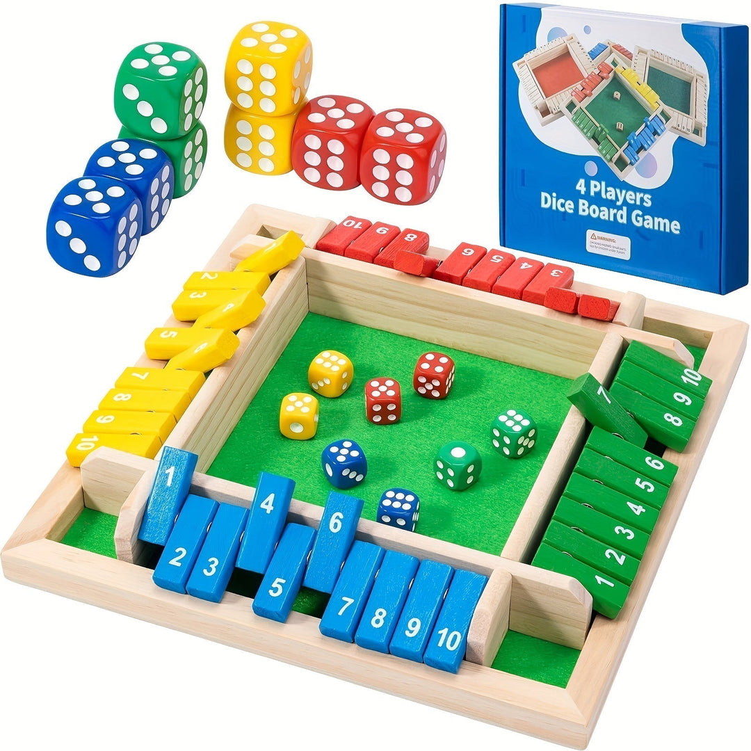 Shut the Box Holz-Würfelspiel, geöffnet, mit Zahlenklappen und Würfeln, bereit für das Familienspiel.