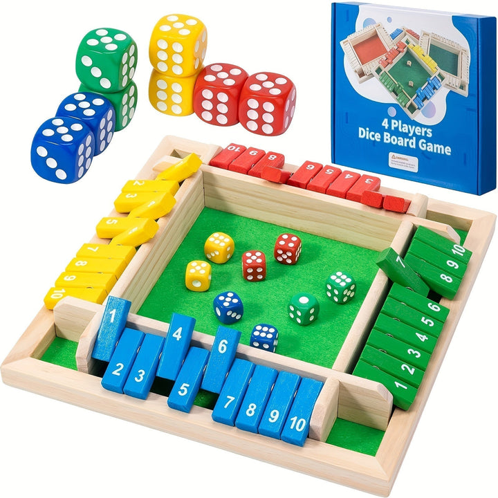 Shut the Box Holz-Würfelspiel, geöffnet, mit Zahlenklappen und Würfeln, bereit für das Familienspiel.
