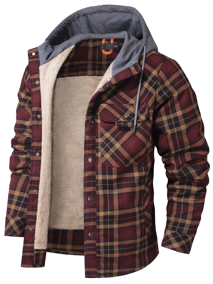 Robuste Outdoor-Kapuzenjacke für Herren, kariert, warm gefüttert, ideal für Herbst und Winter.
