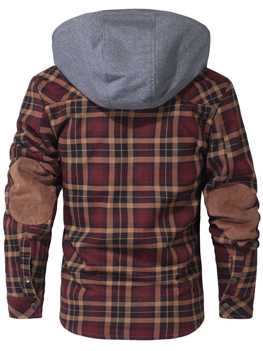 Rückansicht der karierten Herren Kapuzenjacke, robust und warm für kalte Tage.