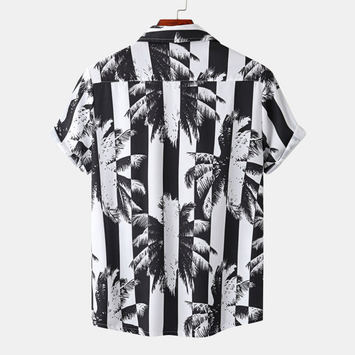 Stilvolles Herren Print Kurzarmhemd Schwarz, locker geschnitten. Perfekt für Freizeit und lässige Herrenmode.