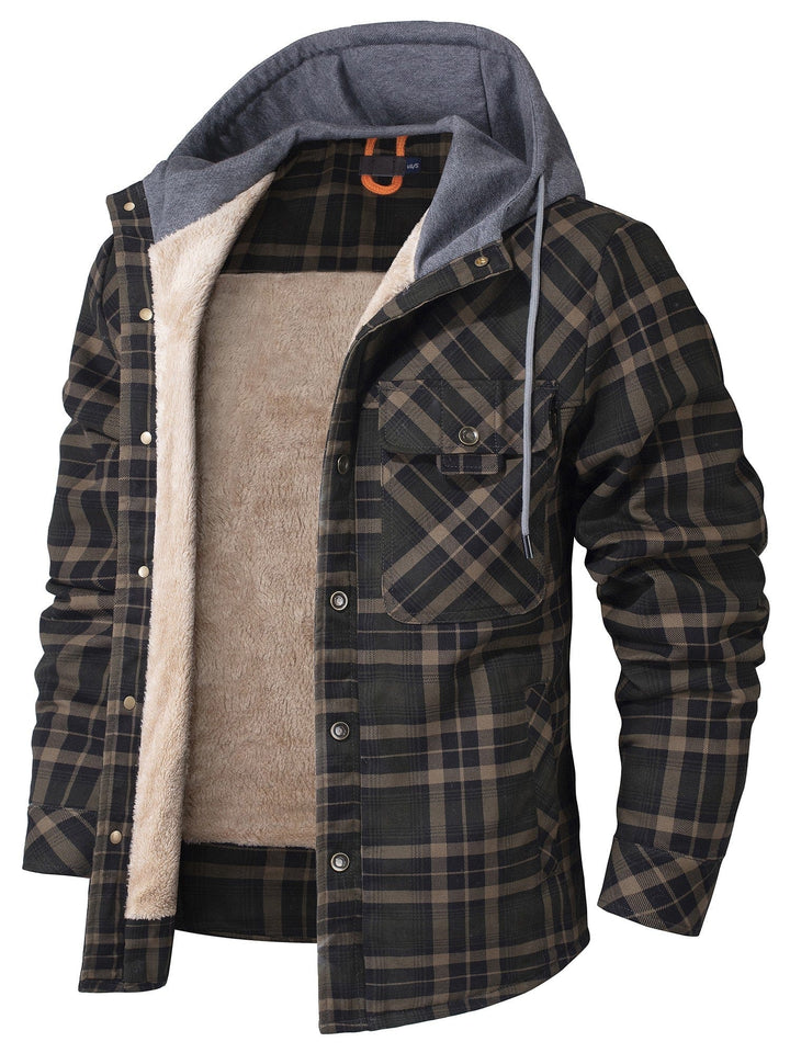 Karierte Flanell-Kapuzenjacke für Herren, warm gefüttert, perfekt für Übergang und Alltag.