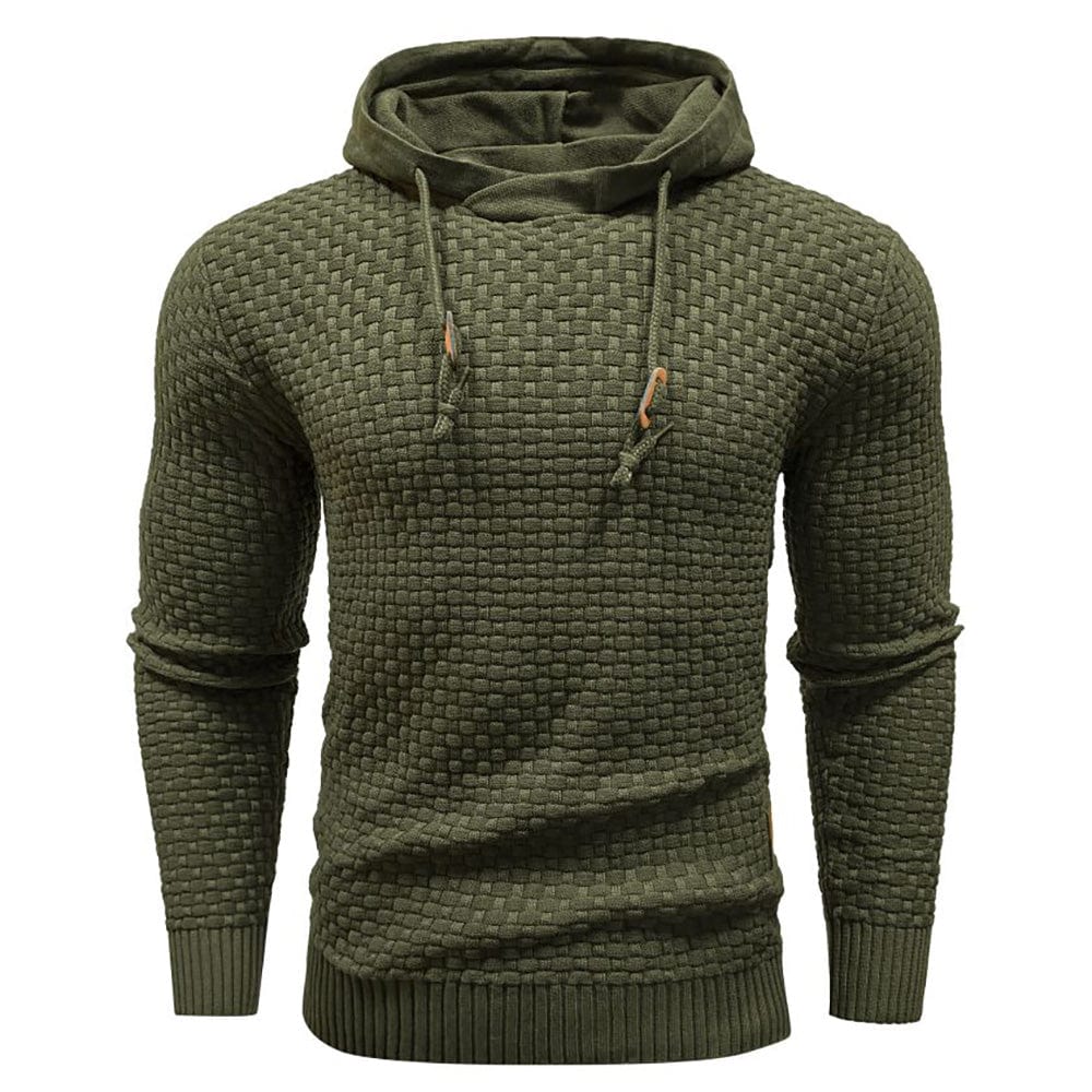 Komfortabler Herren Kapuzenpullover, beige, liegend. Robustes Oberteil für Freizeit.