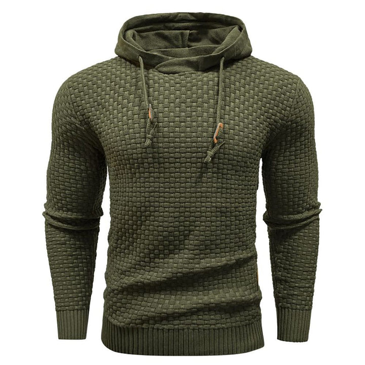 Komfortabler Herren Kapuzenpullover, beige, liegend. Robustes Oberteil für Freizeit.