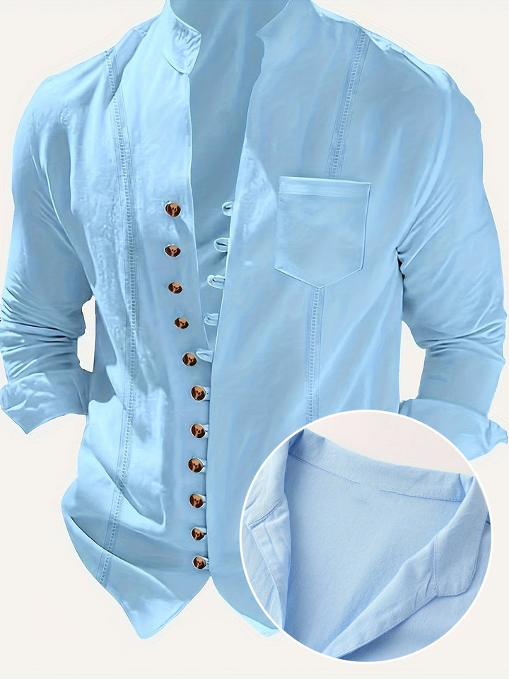 Modernes Herren Stehkragenhemd im Vintage-Stil für Freizeit & Business. Elegantes Langarmhemd für Männer.