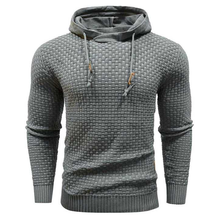 Melierter Herren-Hoodie, Nahaufnahme des Stoffs. Komfortabler Kapuzenpullover für jede Saison.
