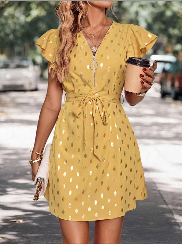 Stylisches gepunktetes A-Linien Sommerkleid für Damen, Midi-Länge, hoher Bund & Langarm.