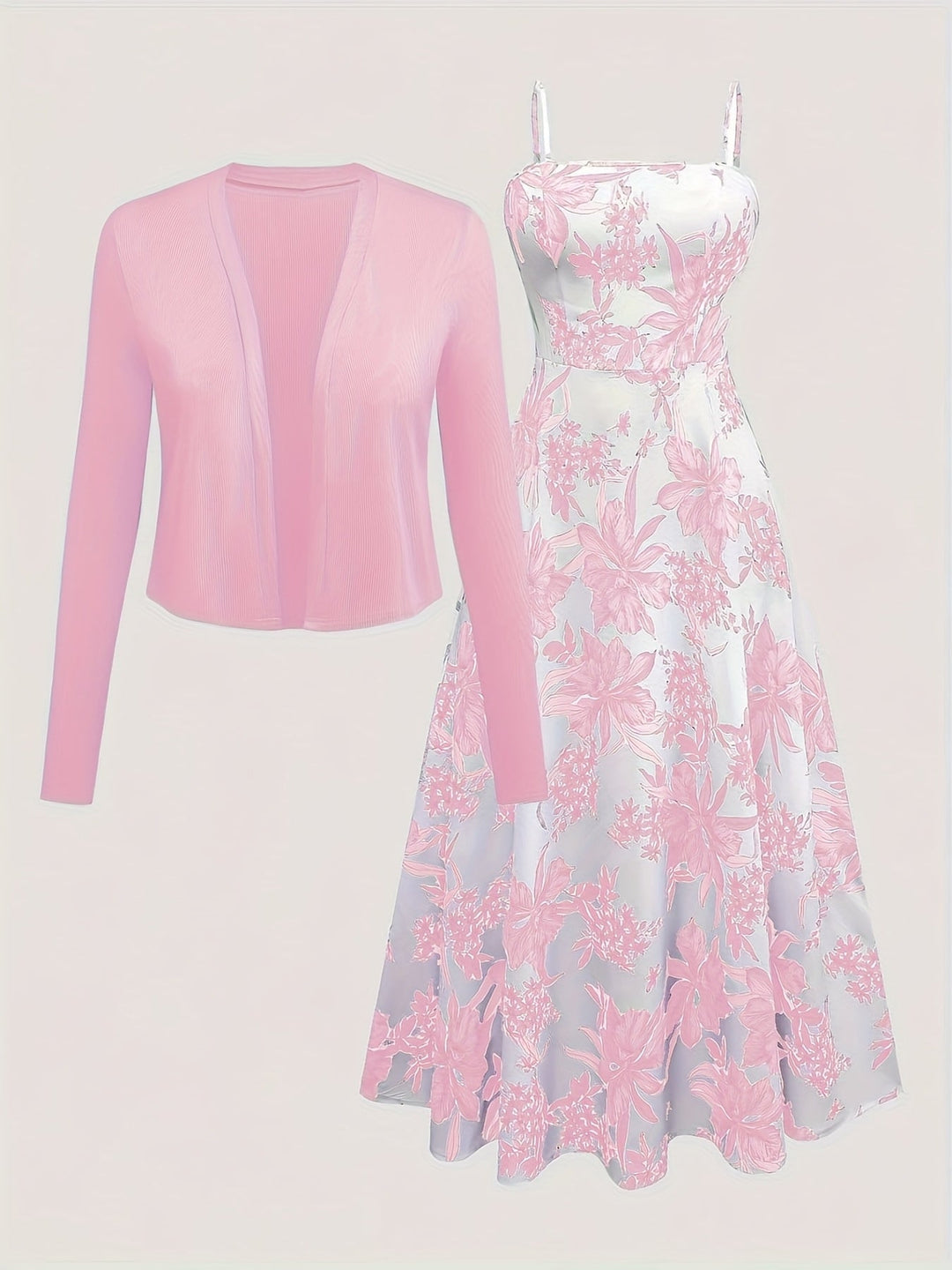 Frau trägt elegantes Damen Midikleid & Cardigan Set mit Blumenmuster, ideal für Frühlingsmode.