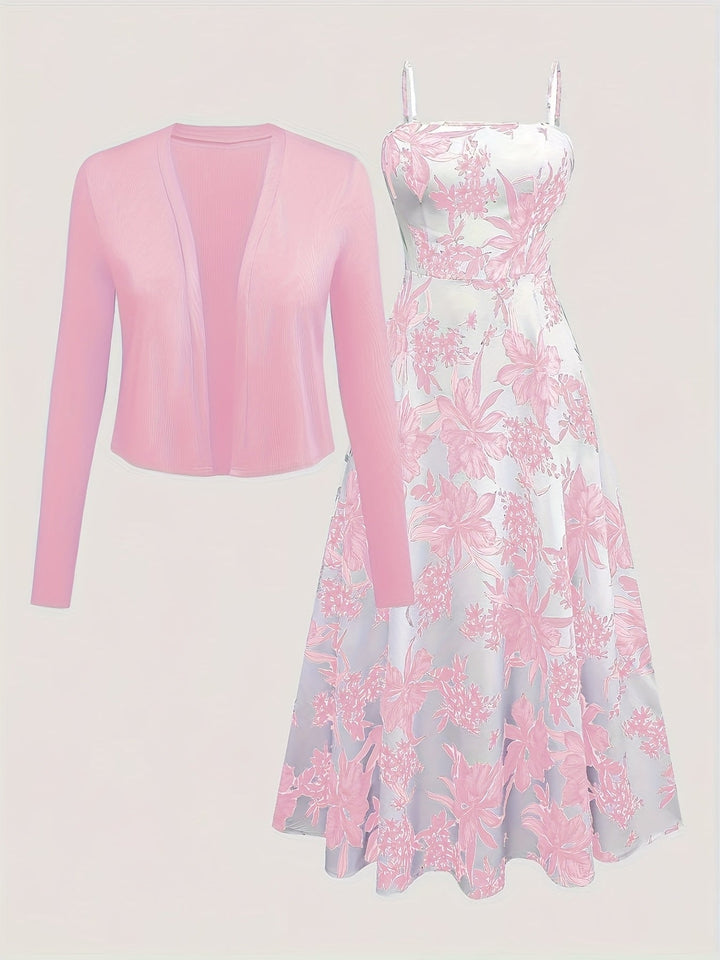 Frau trägt elegantes Damen Midikleid & Cardigan Set mit Blumenmuster, ideal für Frühlingsmode.