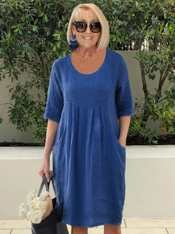 Vielseitiges Damen Kurzarm-Midikleid, ideal für Frühling & Sommer, mit bequemem Rundhalsausschnitt und Taschen.