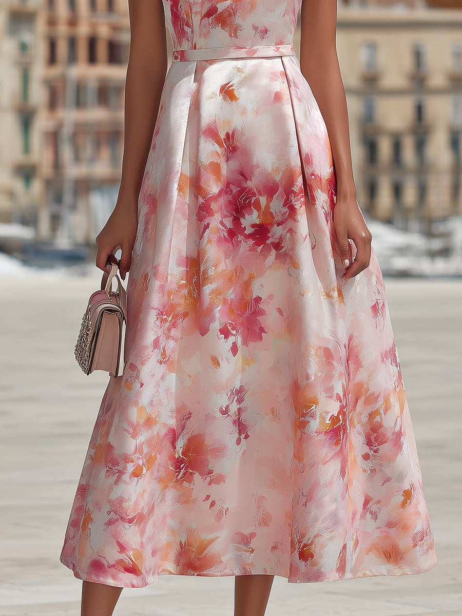 Fliessendes Damen Midikleid mit Neckholder und zartem Aquarell-Blumenmuster; ideal für sommerliche Anlässe.