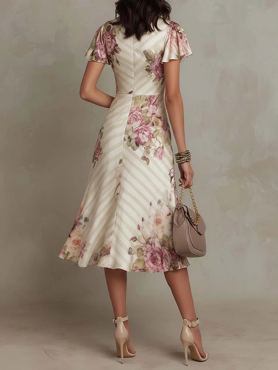 Florales Vintage-Midikleid für Damen, Wickelstil in Elfenbein, ideal als elegantes Freizeit- oder Festkleid.