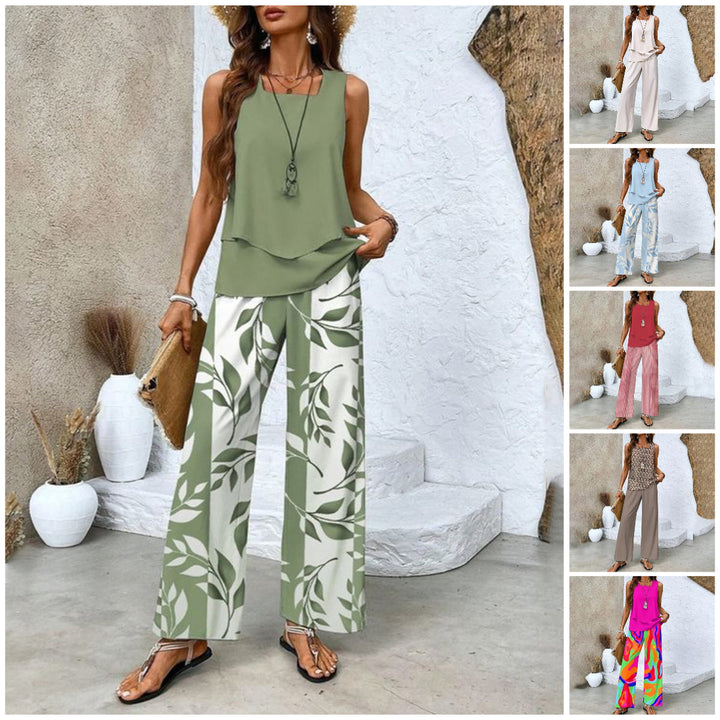 Damen Sommer Zweiteiler Set: Ärmelloses Top & weite Hose mit Blätterprint, ideal für Casual.