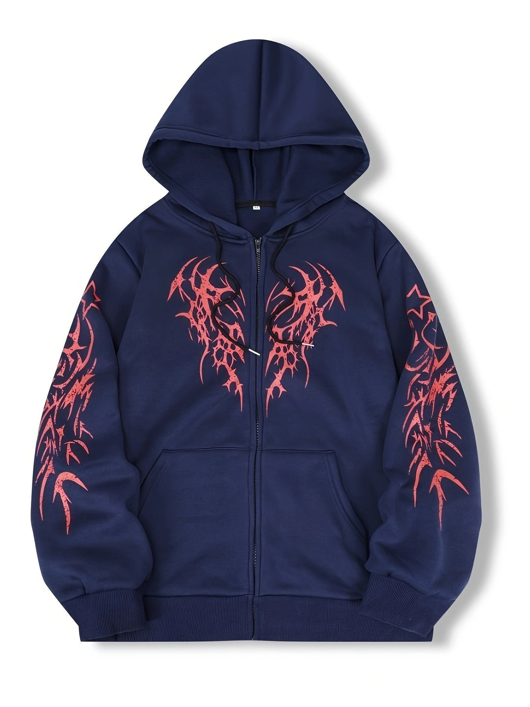 Männlicher Kapuzenpullover mit Reißverschluss, großem Tribal-Flügel-Motiv, als stylisches Sweatshirt.