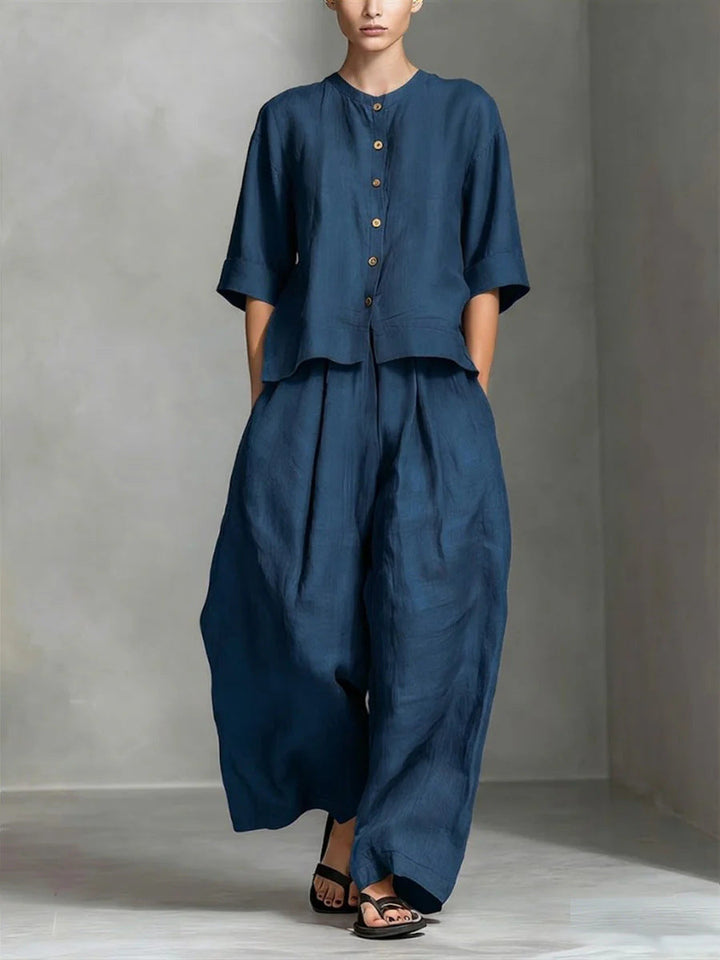 Orangeroter Damen Zweiteiler: Modische, weite Bluse & passende Hose. Komfortables Sommer Set für Frauen.
