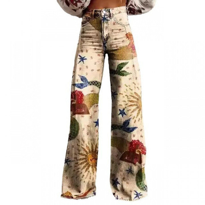 Elegante Damen-Schlaghose mit floralem Retro-Muster, eine sommerliche Trend-Hose für Fashionistas.