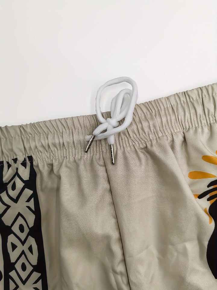 Lässige Khaki Herrenshorts mit Ethno-Muster und kreativem Künstler-Motiv für entspannte Sommertage.
