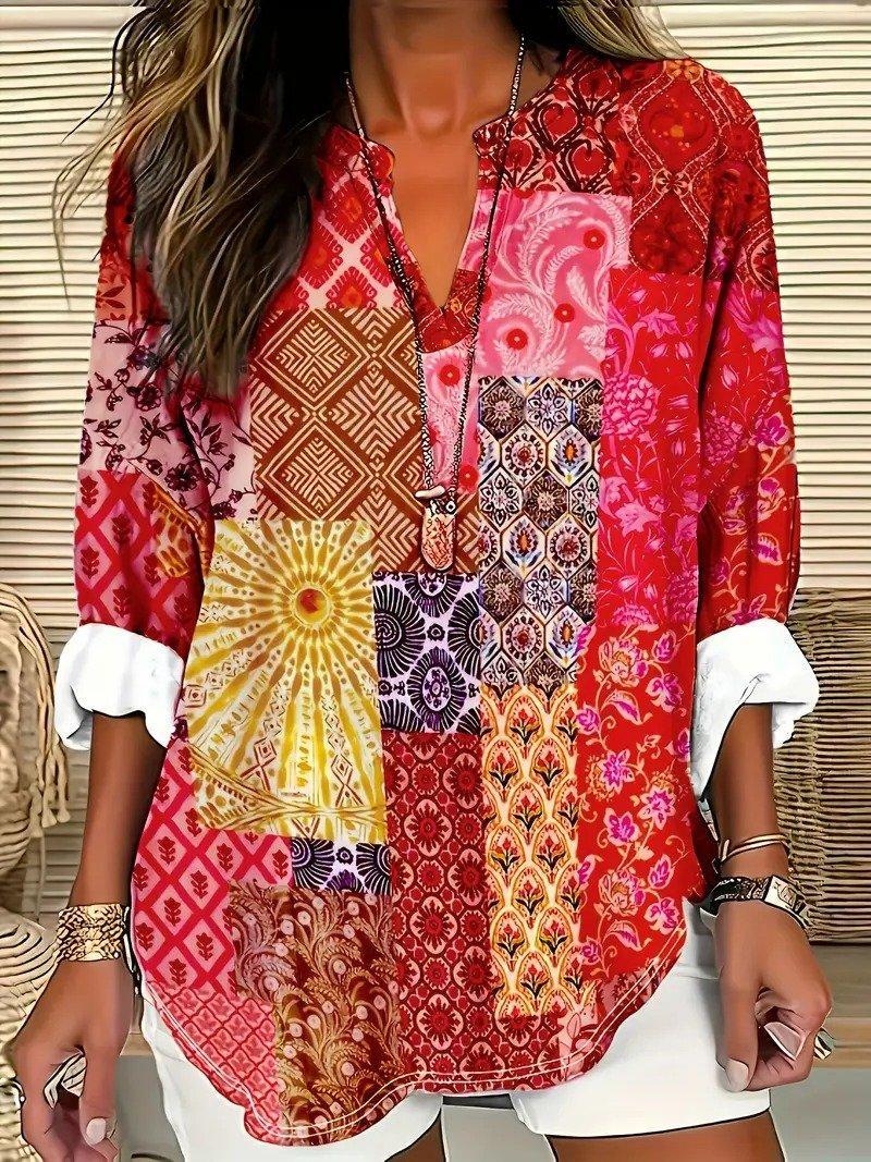 Modisches rotes Damen Langarmshirt mit V-Ausschnitt & Print, ideal für bequemen Alltags-Stil.