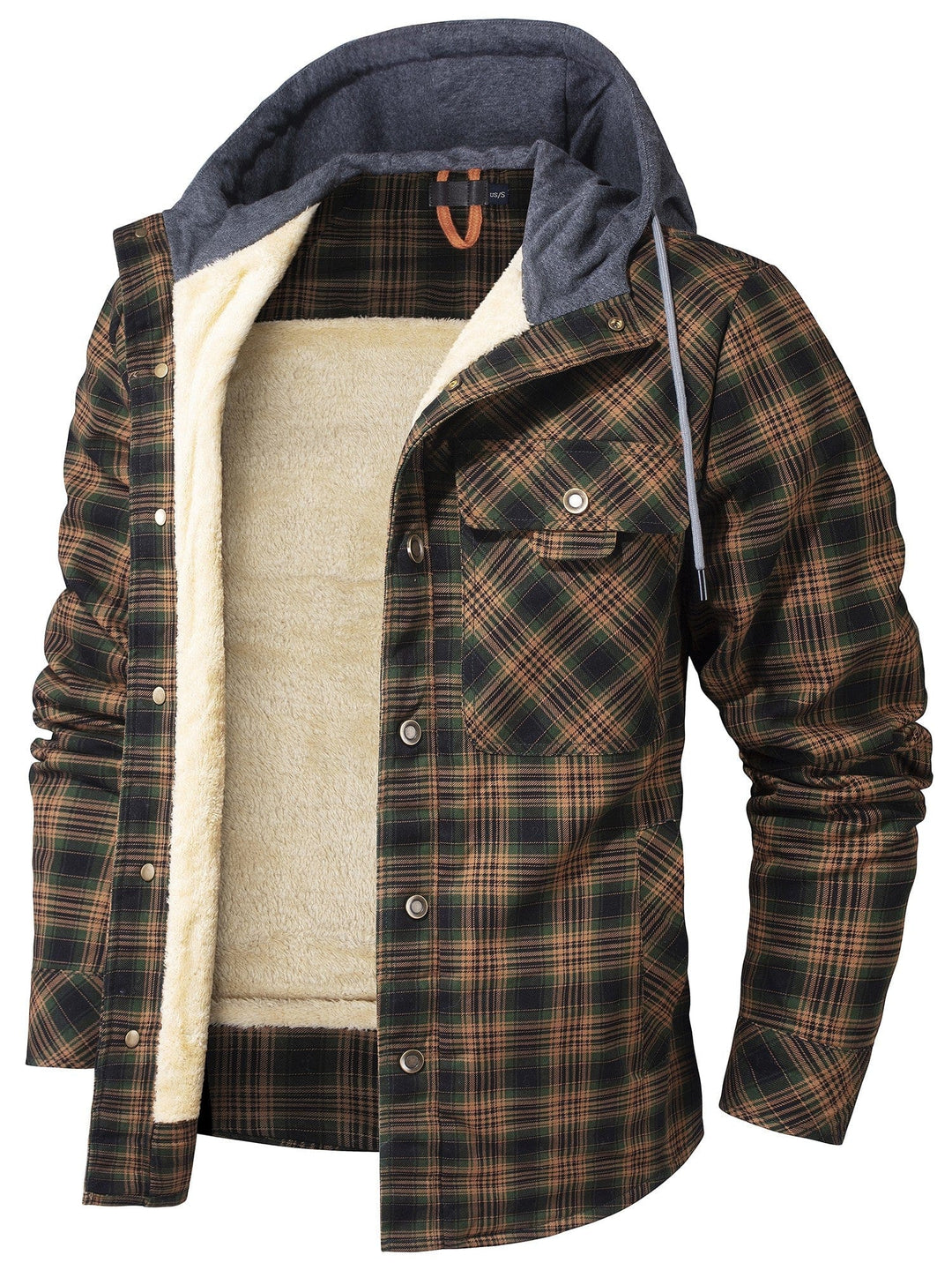 Warme & robuste Herren Winterjacke, kariert mit Kapuze, ideal für Outdoor-Aktivitäten.