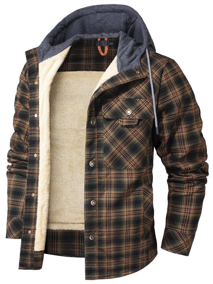 Warme & robuste Herren Winterjacke, kariert mit Kapuze, ideal für Outdoor-Aktivitäten.