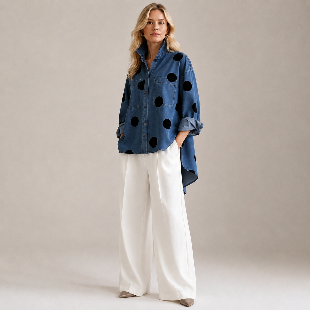 Komfortables Damen Jeanshemd Rot mit Polka Dots, lockerem Schnitt. Ideales Übergangshemd für Frühling/Herbst.
