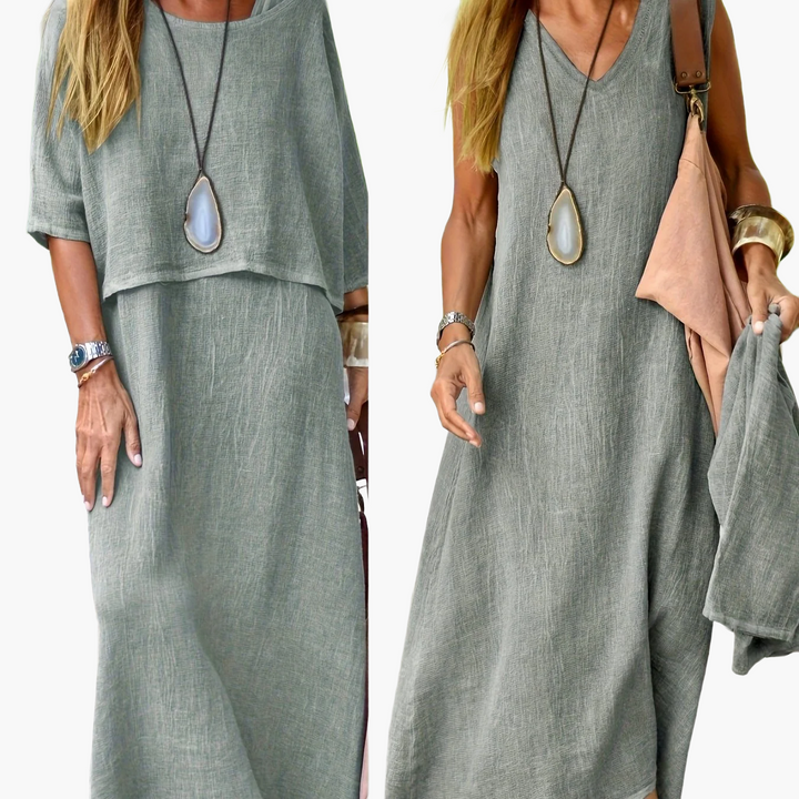 Elegantes Damen Maxikleid Set im Boho-Stil. Schmeichelhaftes Sommer Outfit, lässig & chic.