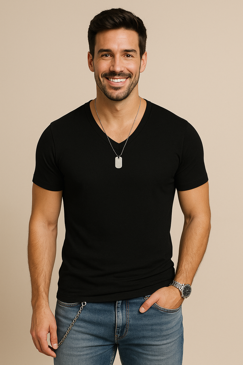 Lässiges V-Ausschnitt Herren T-Shirt. Pflegeleichtes, atmungsaktives Kurzarm-Oberteil für den täglichen Gebrauch.