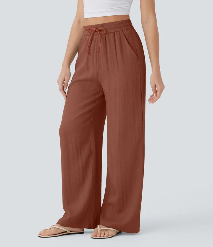 Bequeme Damenhose, weites Bein. Elegante Sommerhose mit Kordelzug. Freizeithose für Urlaub & Alltag.