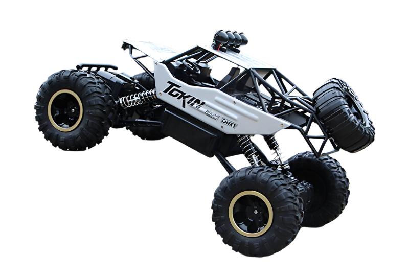 Robuster 4x4 RC-Monstertruck fährt über steiniges Offroad-Gelände, ferngesteuert für Kinder & Erwachsene.