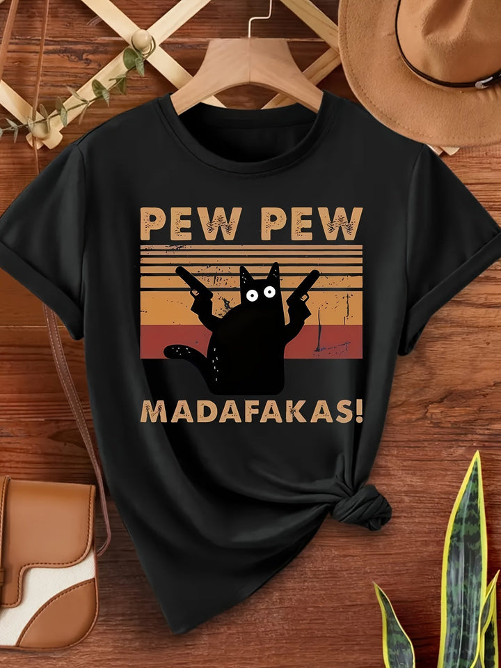 Damen Kurzarm T-Shirt mit humorvollem 'PEW PEW MADAFaKAS!' Katzen Print. Ideal für entspannte Tage.