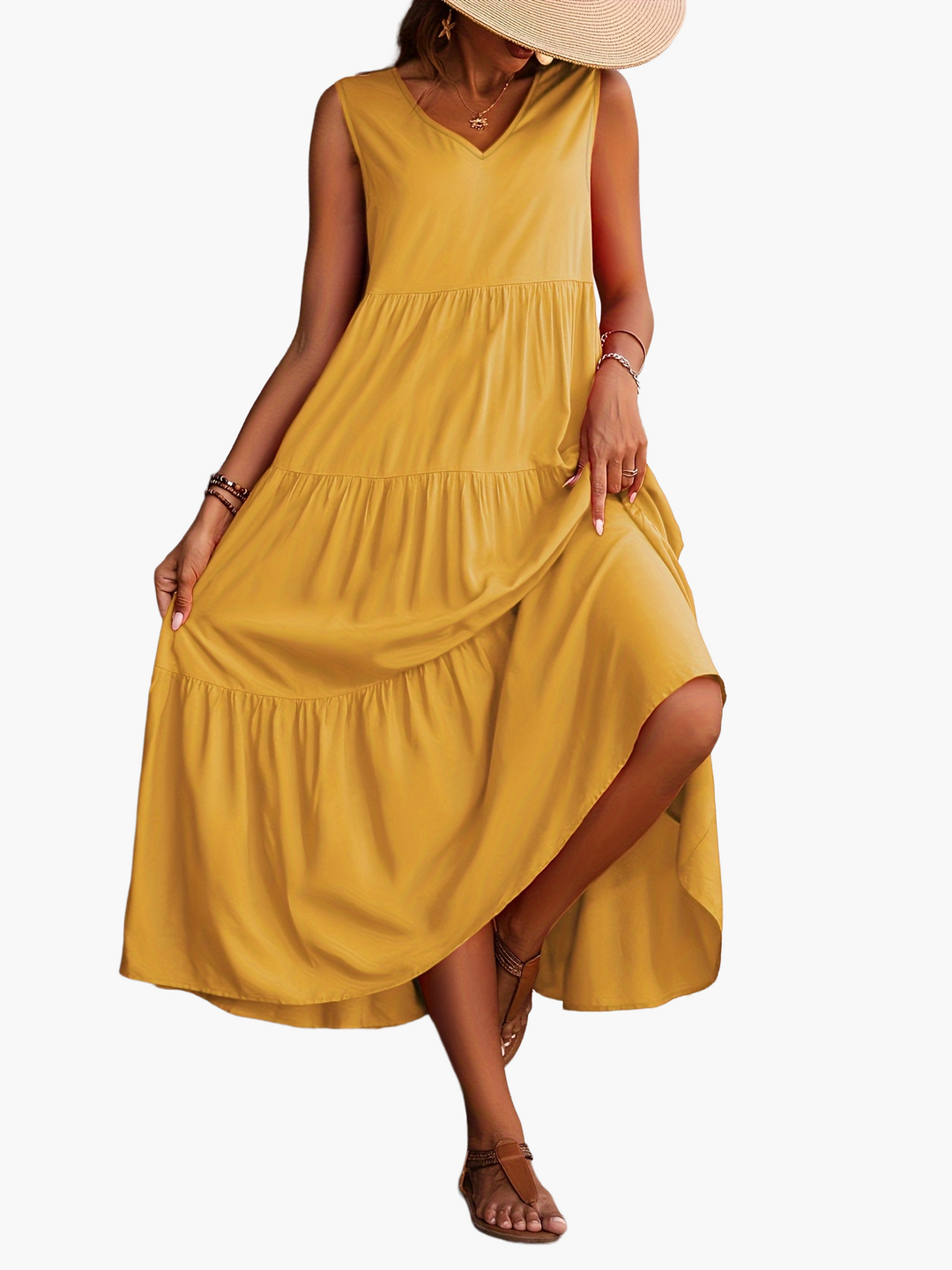 Schönes Damen Urlaubskleid, ärmellos, V-Ausschnitt, Maxilänge, elegant & bequem für den Sommerurlaub.