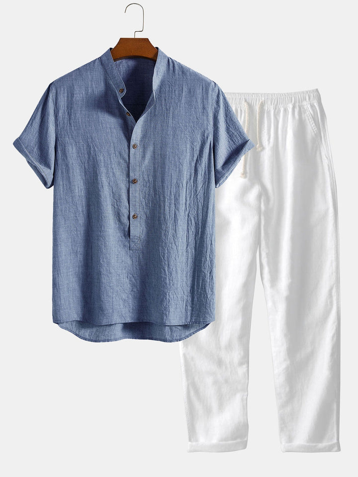 Grauer Herren Sommer Set: atmungsaktives Hemd und Hose, perfekt für Komfort und Casual Freizeitlook.