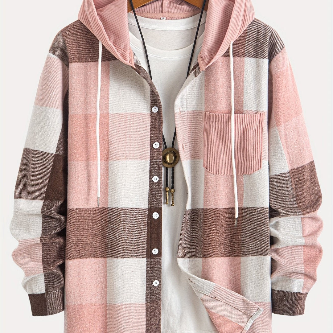 Herren Langarm-Hemdjacke kariert, mit Kapuze, für den Casual-Look in Herbst & Winter.