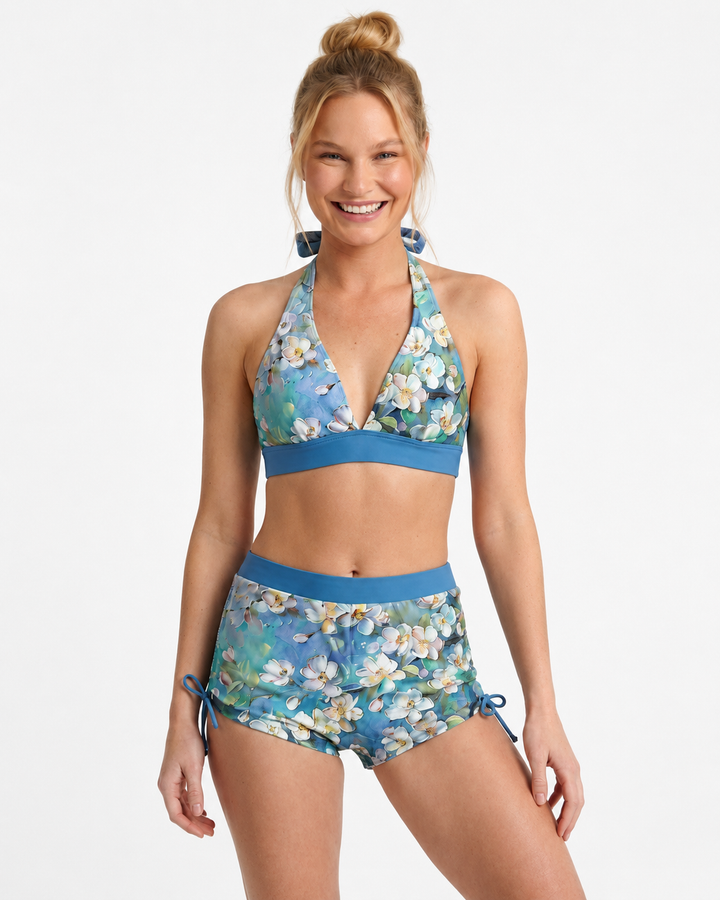 Funktionaler Damen Zweiteiliger Badeanzug mit Blumen für unbeschwertes Schwimmen am Sommerstrand.