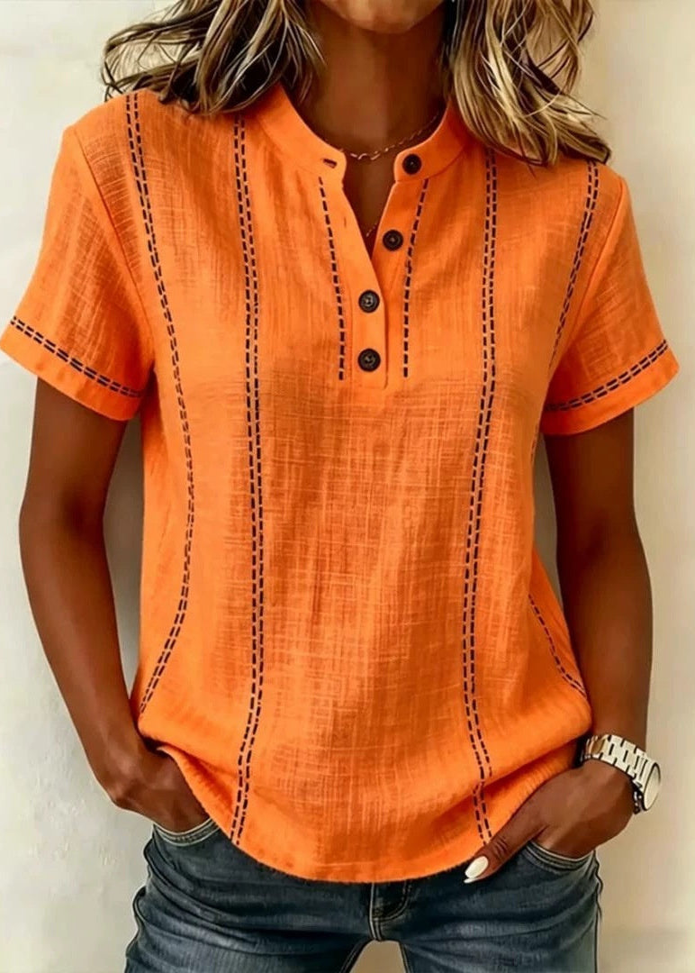 Stylische Damenbluse Kurzarm, V-Ausschnitt, gestreiftes Patchwork. Perfekt für Freizeit & Business.